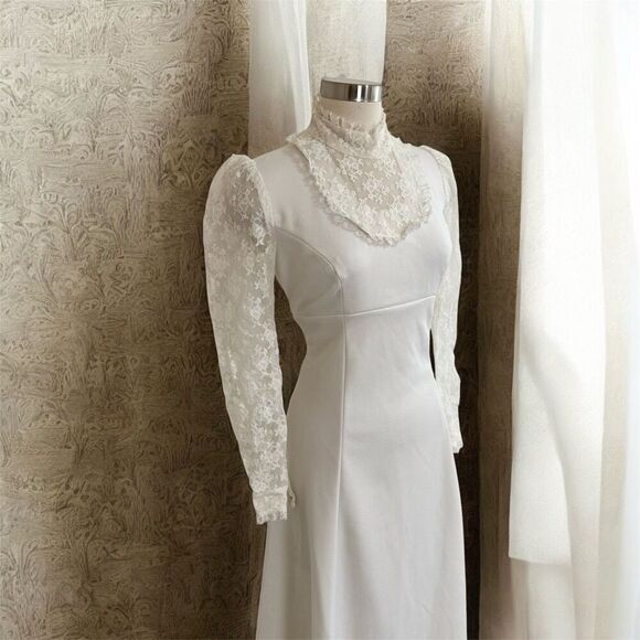 Vintage 1960s 1970s Daisy Formal Wedding Dress XS S White Lace High Neck - Picture 1 of 7